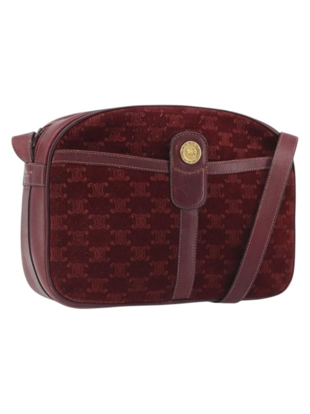 Authentic CELINE Macadam Canvas Horse Carriage Bag Suede Bordeaux Gold